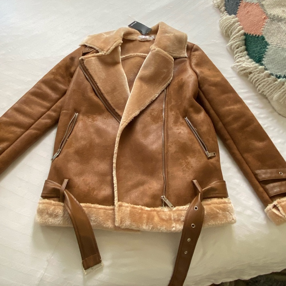 Faux fur lined brown aviator jacket